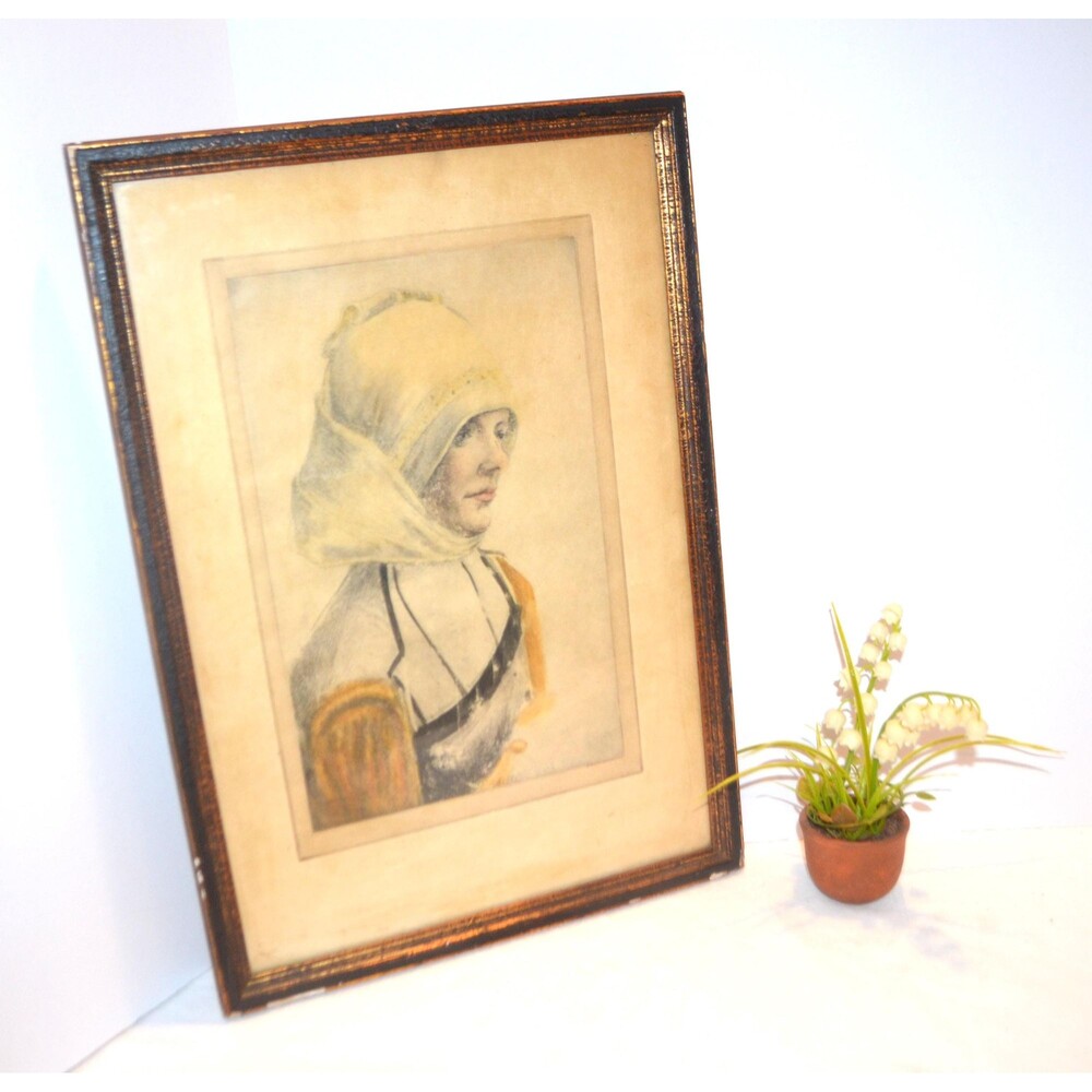 1920 Lady in Yellow Lithograph Framed Renaissance